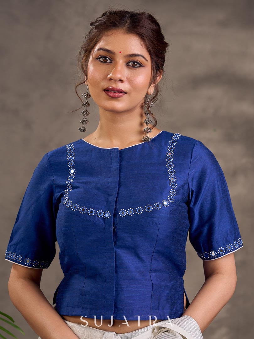 Royal Blue Cotton Silk Blouse with Short Sleeves and Mirror Embroidered Neckline and Sleeve Border