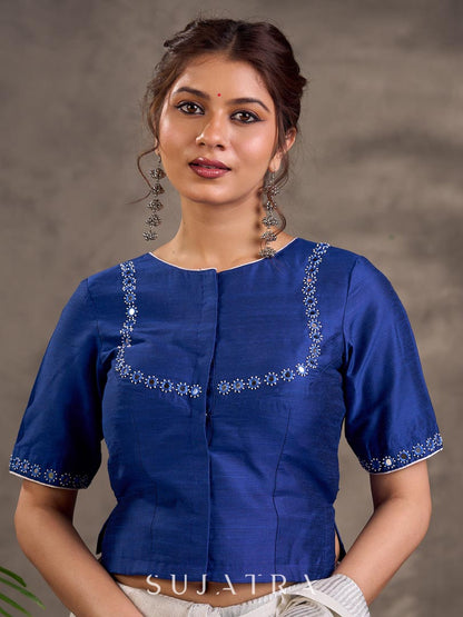 Royal Blue Cotton Silk Blouse with Short Sleeves and Mirror Embroidered Neckline and Sleeve Border