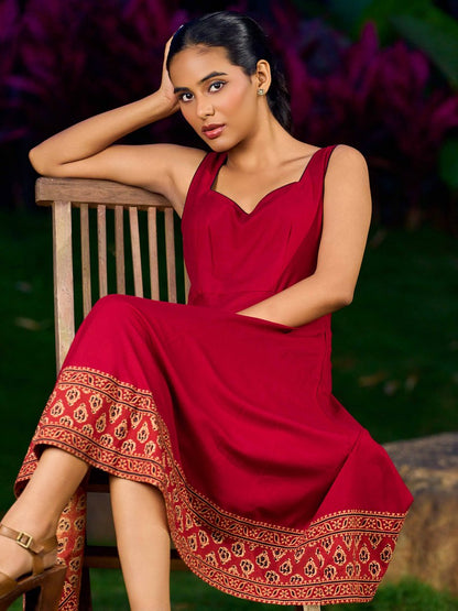 Maroon Sweetheart Neckline Dress With Ajrakh Printed Hemline - Jacket Optional
