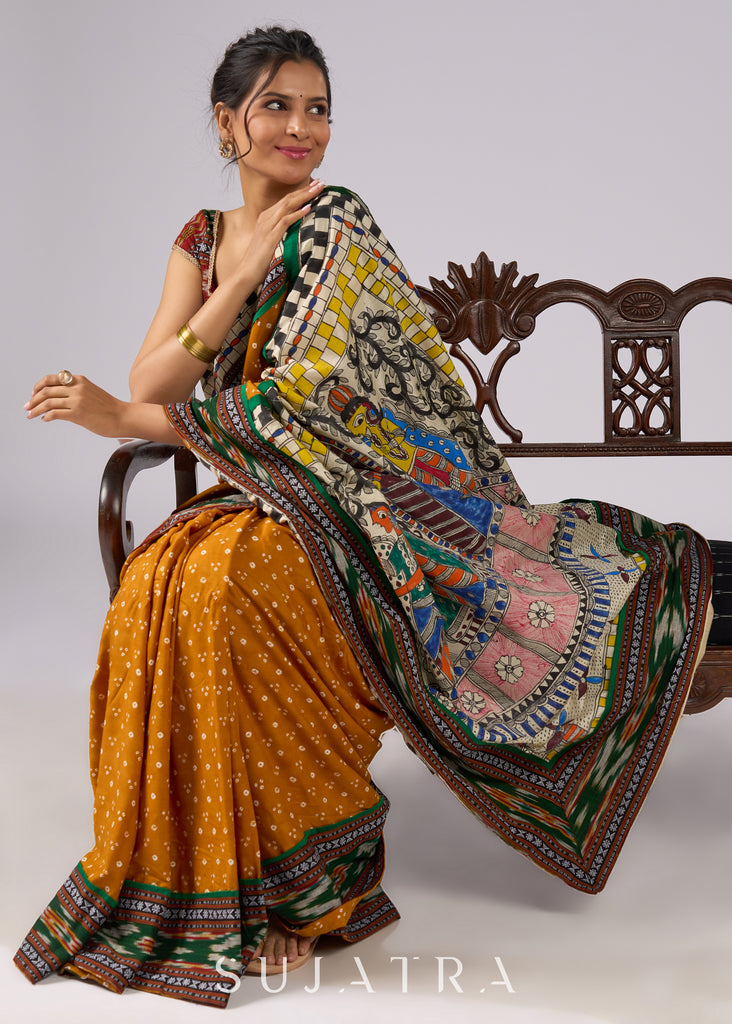 Vibrant yellow Bandhani print rayon saree with hand painted Madhubani art
