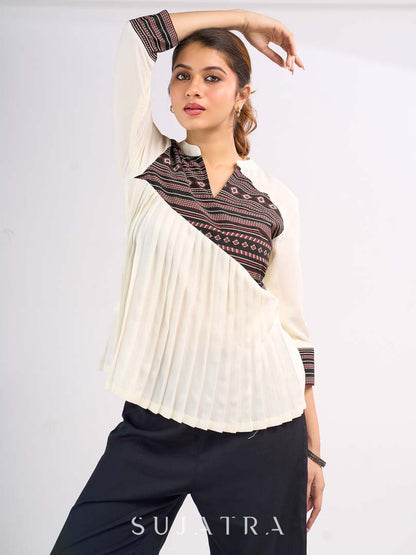 Cream Rayon Designer Top with Contrast Geometric Print Panel & Statement Pleats