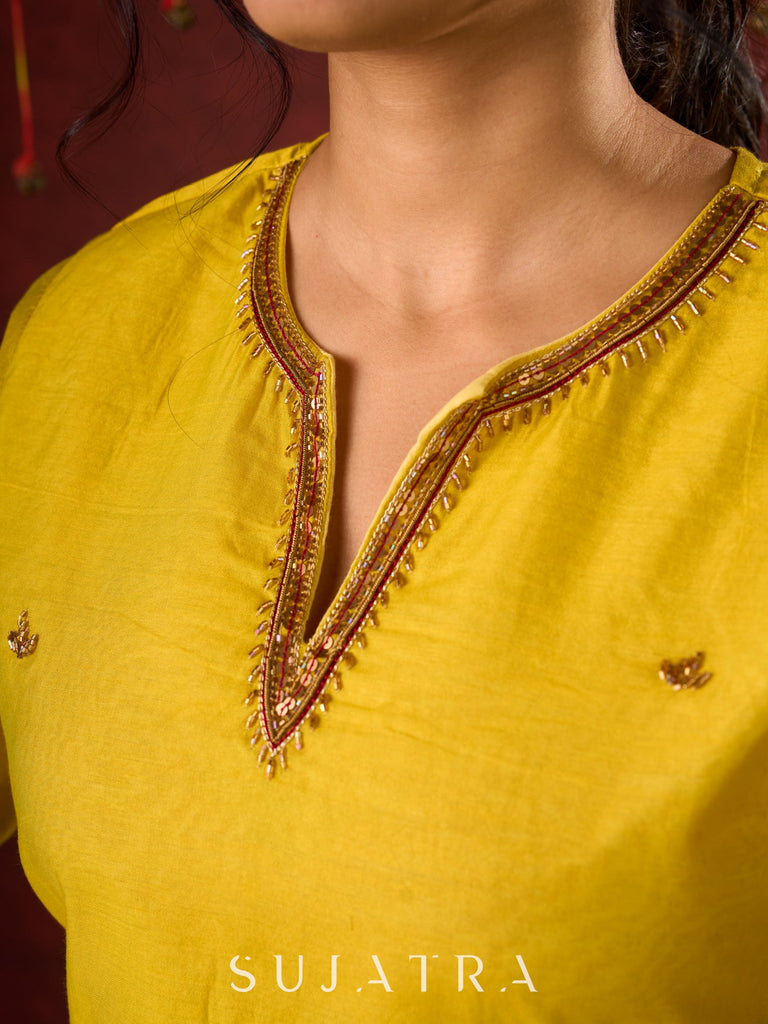 Stylish yellow Chanderi kurta featuring intricate handcrafted embroidery pant n dupatta optional
