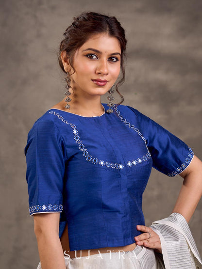 Royal Blue Cotton Silk Blouse with Short Sleeves and Mirror Embroidered Neckline and Sleeve Border
