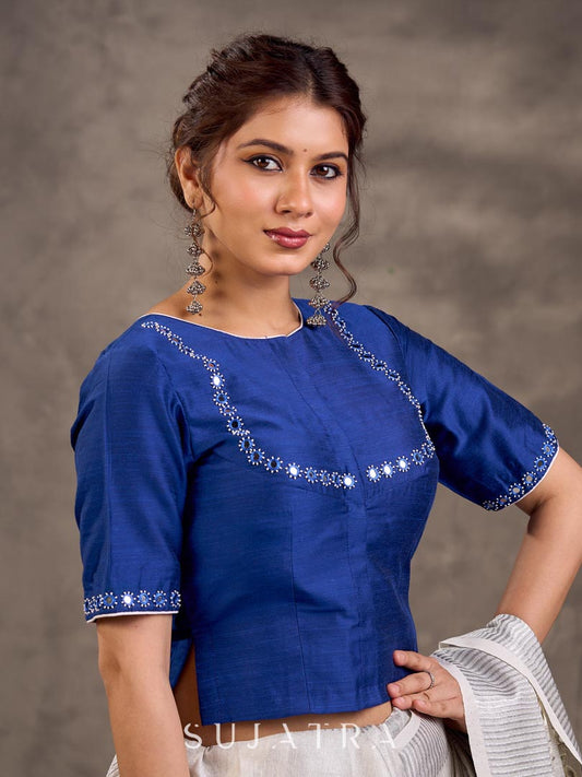 Royal Blue Cotton Silk Blouse with Short Sleeves and Mirror Embroidered Neckline and Sleeve Border