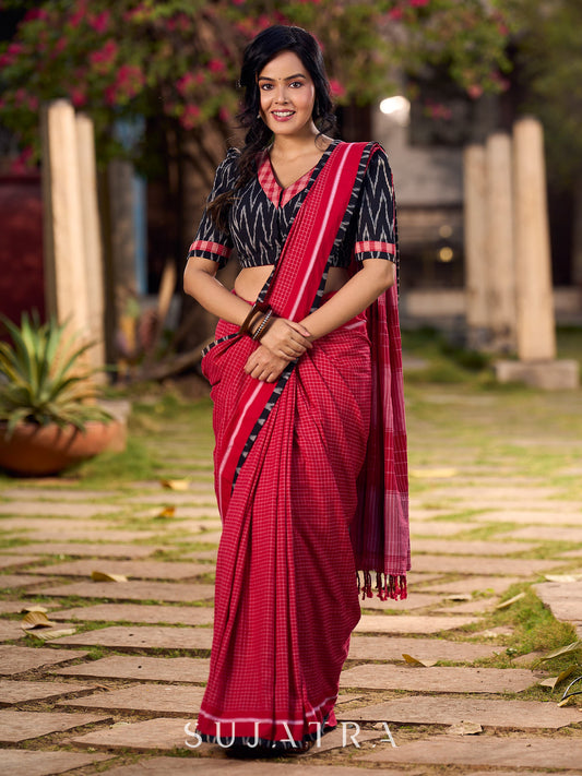 Chic Red Checkered Cotton Saree with Black Ikat Border