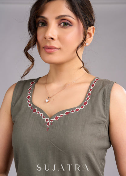 Grey Cotton Artistry Dress with Handpainted Neckline - Ikat Jacket Optional