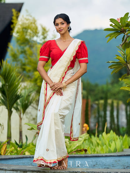 Traditional Ivory Chanderi Saree with Red-Gold Scalloped Border & Hand Embroidered Pallu