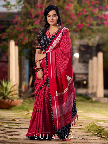 Classic Red Checkered Cotton Saree with Black Ikat Border