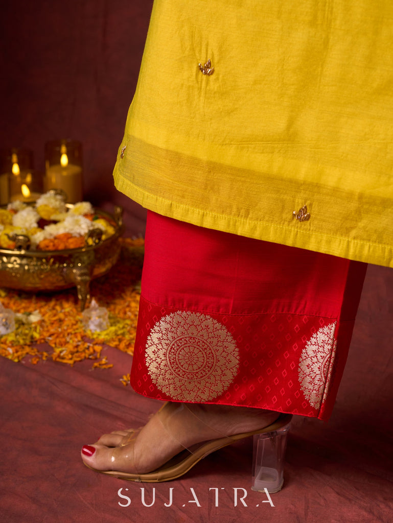 Stylish yellow Chanderi kurta featuring intricate handcrafted embroidery pant n dupatta optional