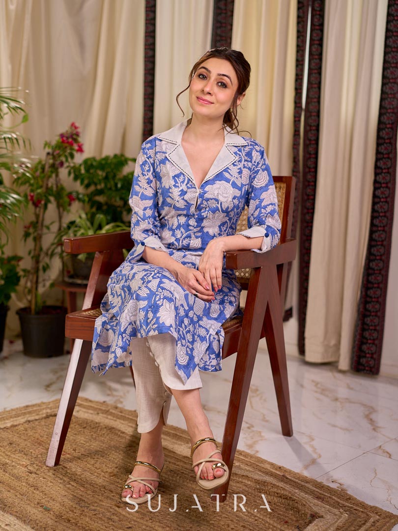 Breezy Blue Floral Print Cotton Kurta with Handcrafted Kantha Stitch White Collar & Cuffs