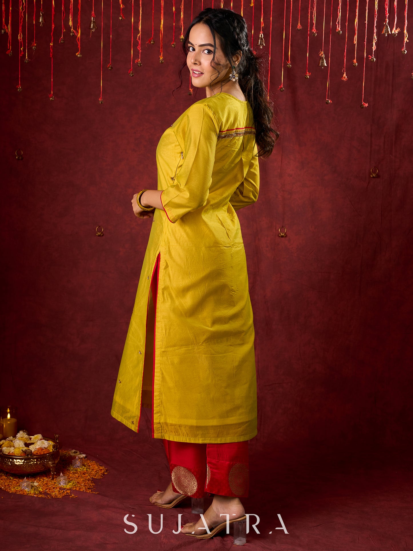 Stylish yellow Chanderi kurta featuring intricate handcrafted embroidery -  pant n dupatta optional