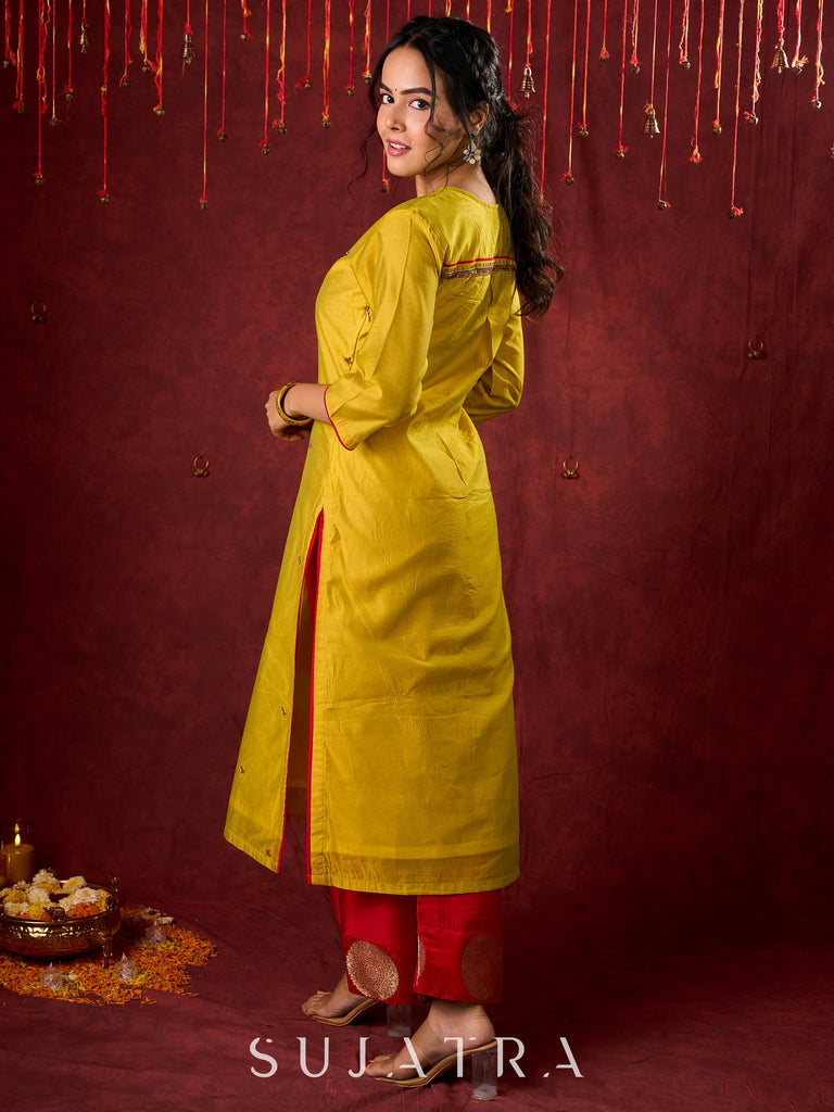 Stylish yellow Chanderi kurta featuring intricate handcrafted embroidery pant n dupatta optional