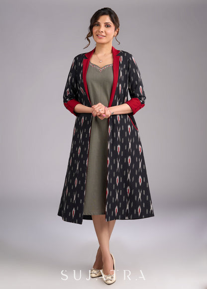Grey Cotton Artistry Dress with Handpainted Neckline - Ikat Jacket Optional