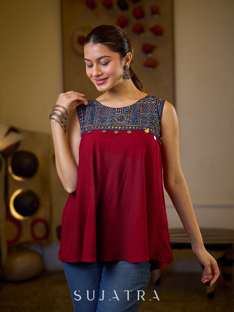 Exquisite Maroon Flared Top Featuring a Graceful Blue Ajrakh Yoke, Mirror Lace, and Delicate Silver Highlights