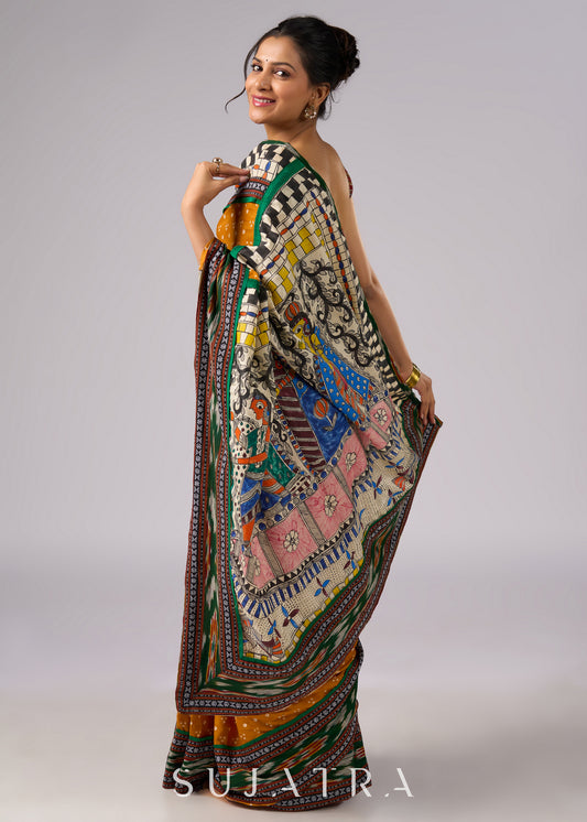 Vibrant yellow Bandhani print rayon saree with hand painted Madhubani art