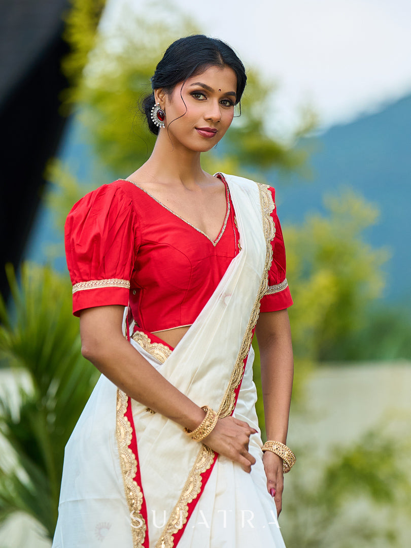 Traditional Ivory Chanderi Saree with Red-Gold Scalloped Border & Hand Embroidered Pallu