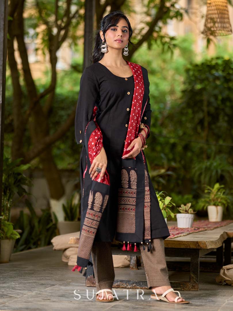 Elegant Maroon Bandhani Dupatta with Traditional Ajrakh Printed Border