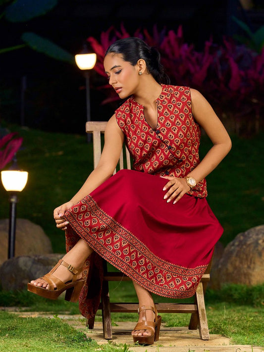 Deep Maroon Ajrakh Printed Cotton Overlap Waistcoat - Dress Optional