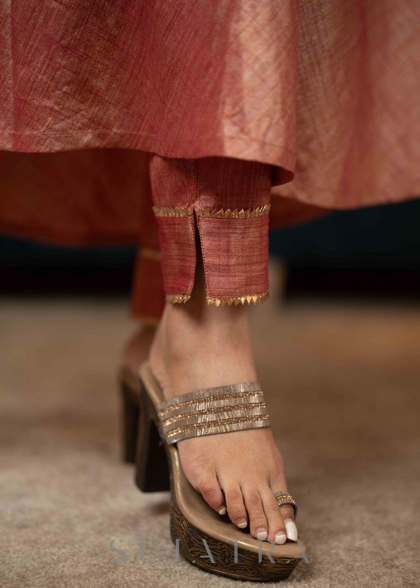 Beautifully Hand Embroidered Onion Pink Blended Silk Flared Kurta - Pant Optional