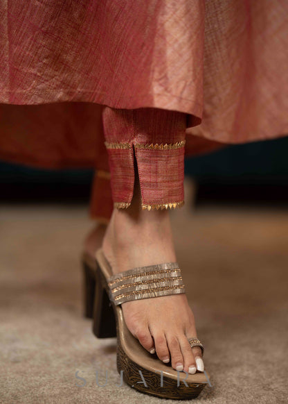 Beautifully Hand Embroidered Onion Pink Blended Silk Flared Kurta - Pant Optional