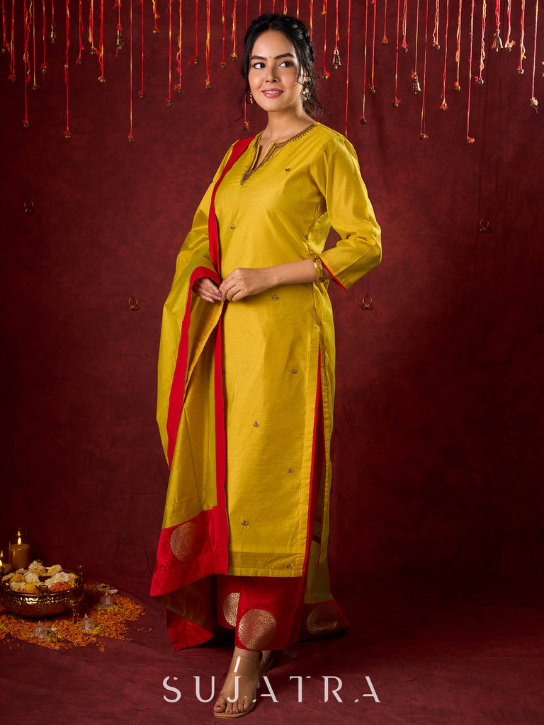 Stylish yellow Chanderi kurta featuring intricate handcrafted embroidery pant n dupatta optional