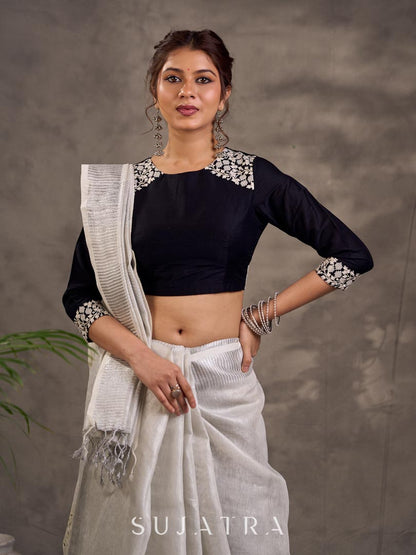 Exquisite Grey Pure Linen Saree with Cutwork