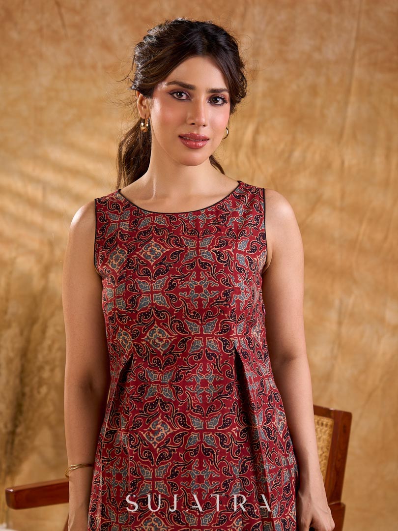 Rustic Maroon Ajrakh Print Cotton Sleeveless Flared Midi Dress
