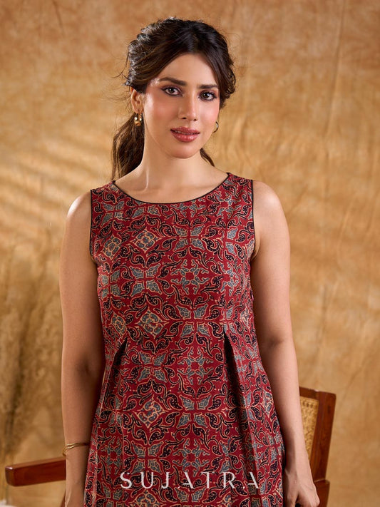 Rustic Maroon Ajrakh Print Cotton Sleeveless Flared Midi Dress