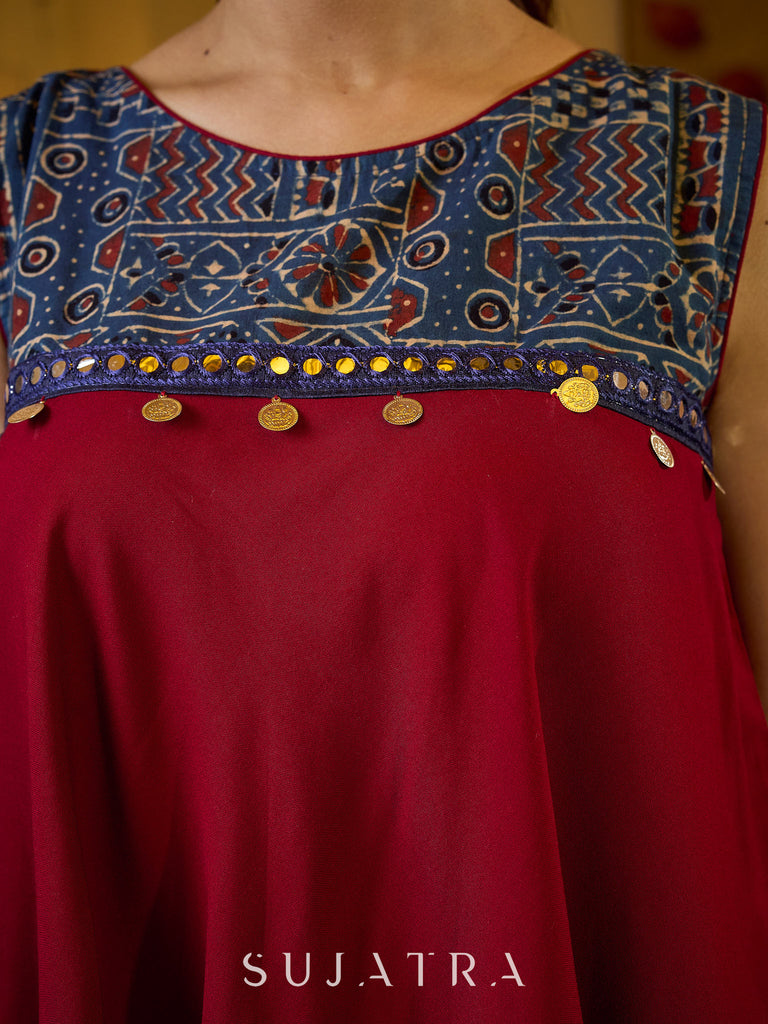Exquisite Maroon Flared Top Featuring a Graceful Blue Ajrakh Yoke, Mirror Lace, and Delicate Silver Highlights