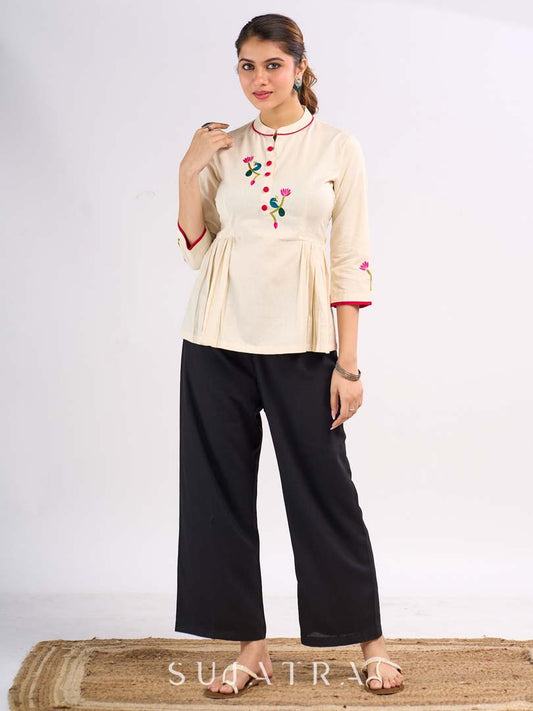 Classic Off White Cotton Gathered Top with Traditional Pichwai Hand Embroidery