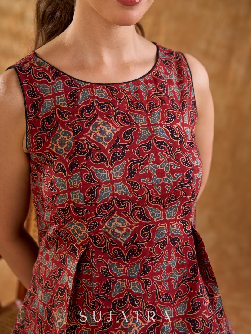 Rustic Maroon Ajrakh Print Cotton Sleeveless Flared Midi Dress