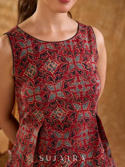 Rustic Maroon Ajrakh Print Cotton Sleeveless Flared Midi Dress