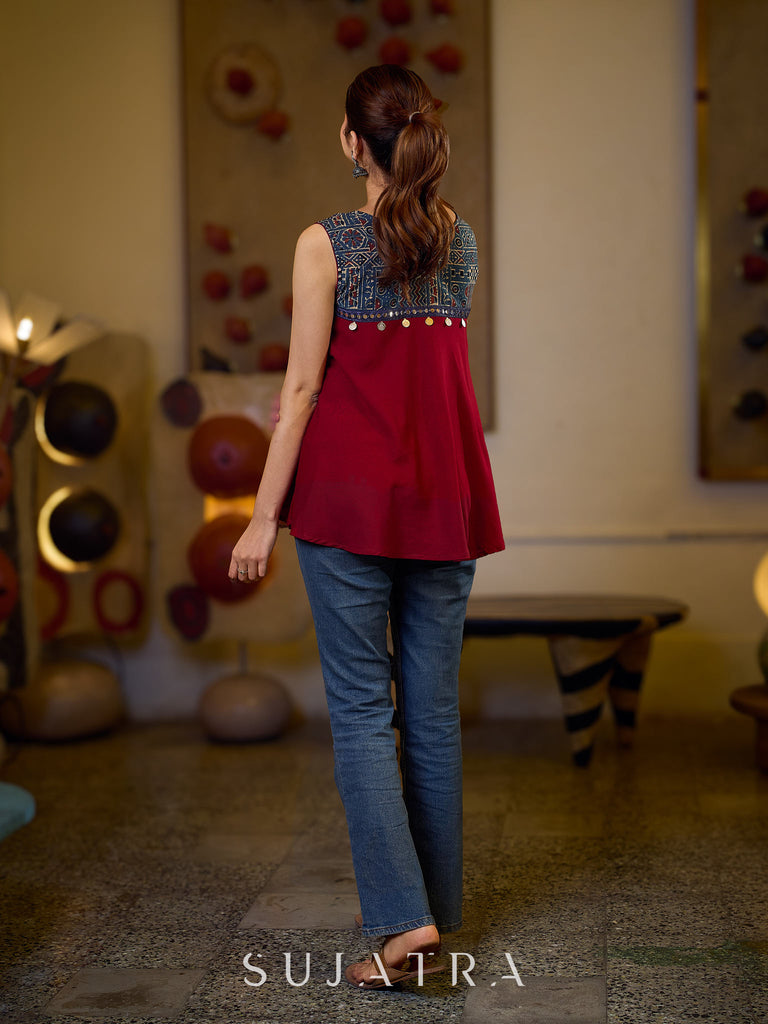 Exquisite Maroon Flared Top Featuring a Graceful Blue Ajrakh Yoke, Mirror Lace, and Delicate Silver Highlights