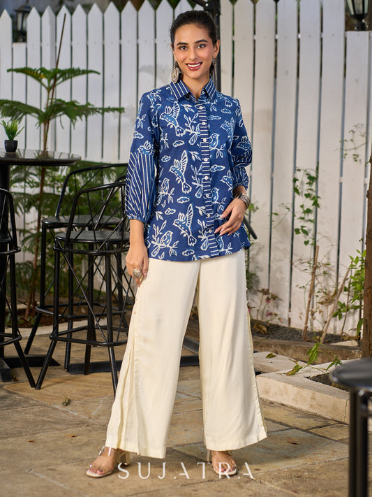 Heritage Indigo Bird Motif Cotton Shirt with Handcrafted Details