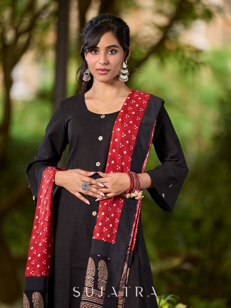 Elegant Maroon Bandhani Dupatta with Traditional Ajrakh Printed Border