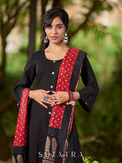 Elegant Maroon Bandhani Dupatta with Traditional Ajrakh Printed Border