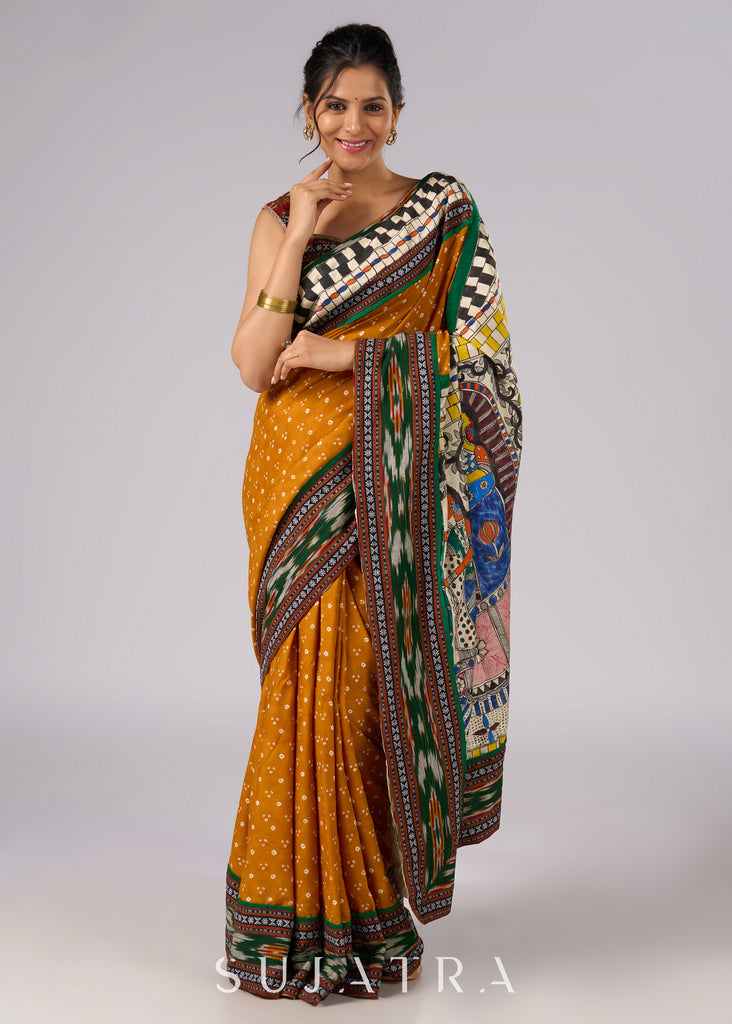 Vibrant yellow Bandhani print rayon saree with hand painted Madhubani art