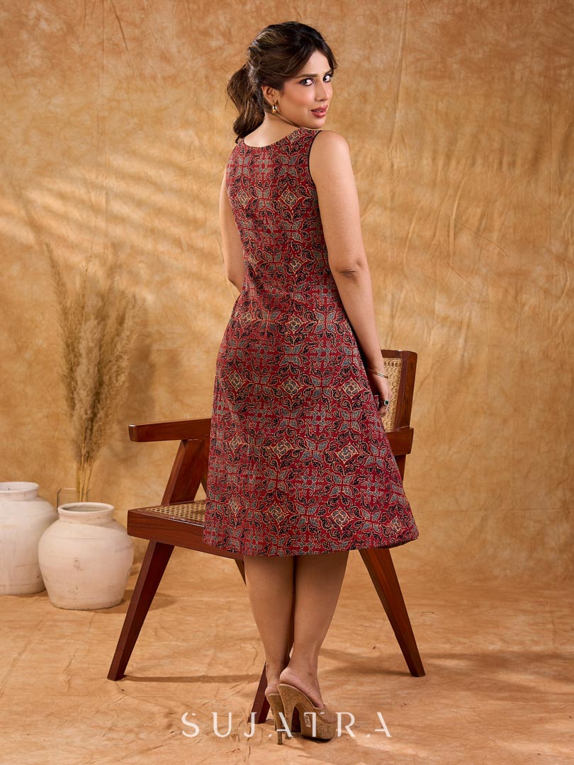 Rustic Maroon Ajrakh Print Cotton Sleeveless Flared Midi Dress