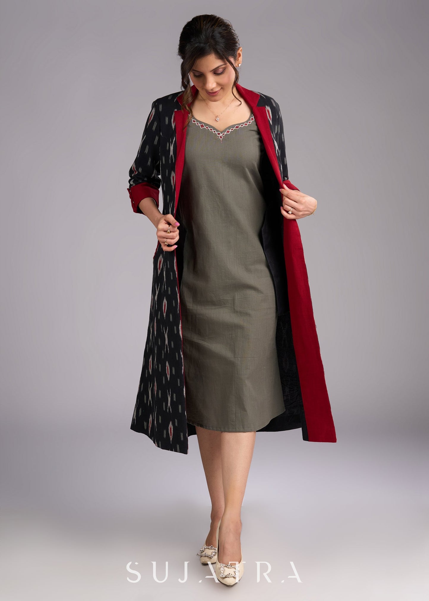 Grey Cotton Artistry Dress with Handpainted Neckline - Ikat Jacket Optional