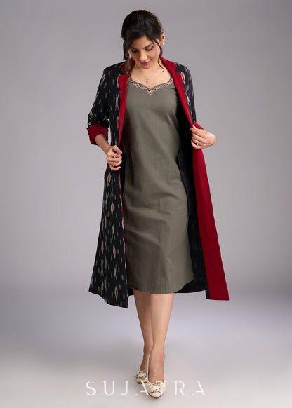 Grey Cotton Artistry Dress with Handpainted Neckline - Ikat Jacket Optional