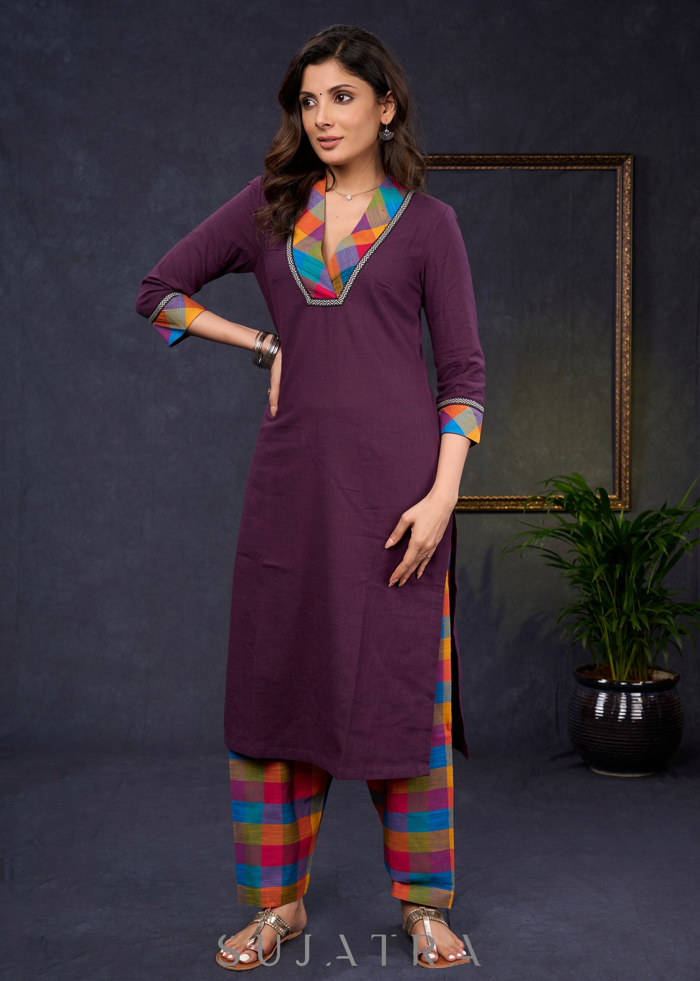 Elegant-Wine-Cotton-Straight-Cut-Kurta-Highlighted-With-Multicolour-Print-Design--Pant-Optional