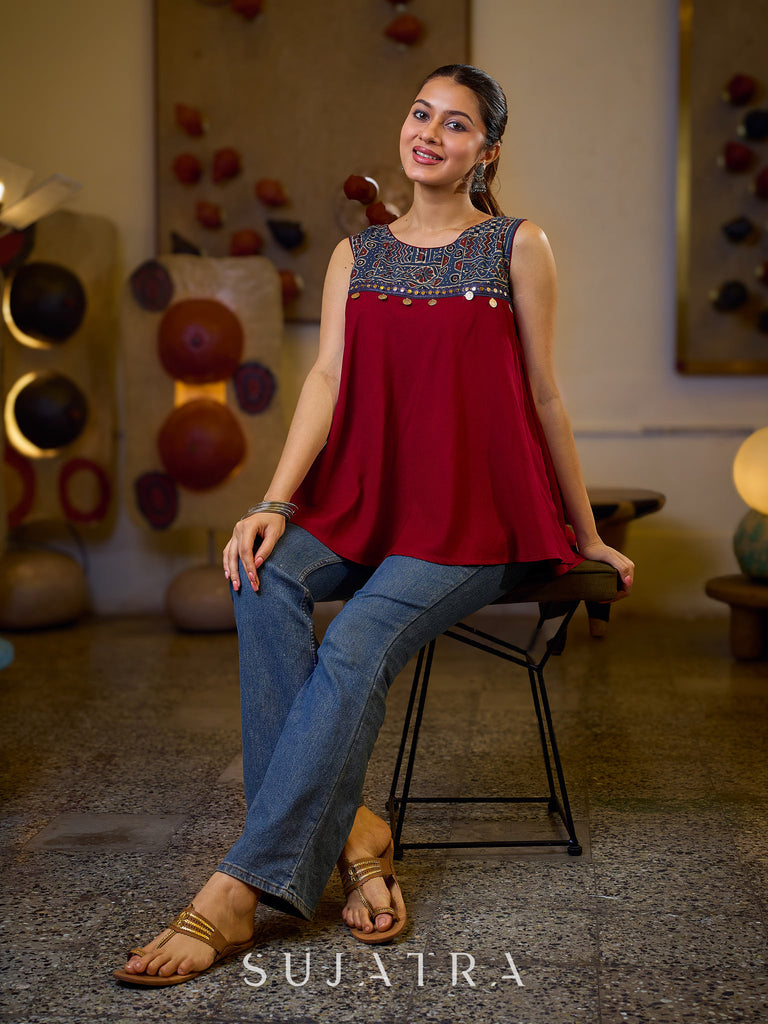 Exquisite Maroon Flared Top Featuring a Graceful Blue Ajrakh Yoke, Mirror Lace, and Delicate Silver Highlights