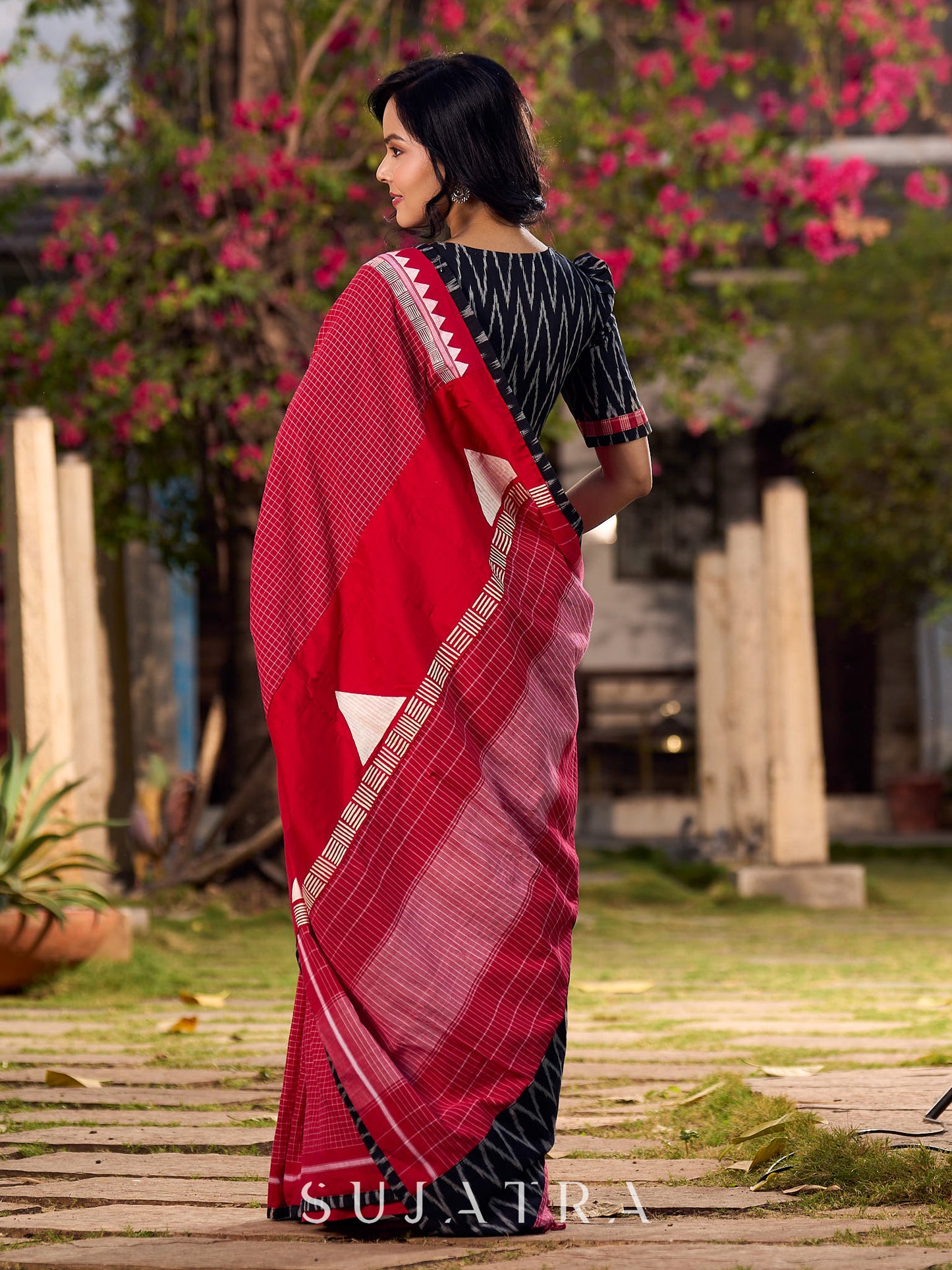 Chic Red Checkered Cotton Saree with Black Ikat Border