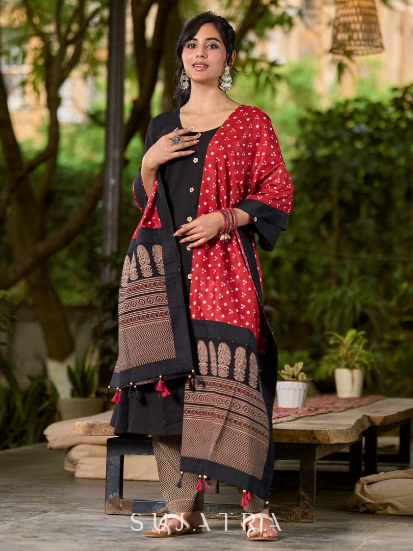 Elegant Maroon Bandhani Dupatta with Traditional Ajrakh Printed Border