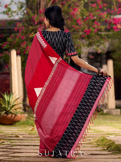 Chic Red Checkered Cotton Saree with Black Ikat Border