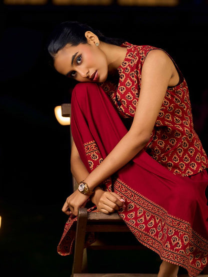 Deep Maroon Ajrakh Printed Cotton Overlap Waistcoat - Dress Optional