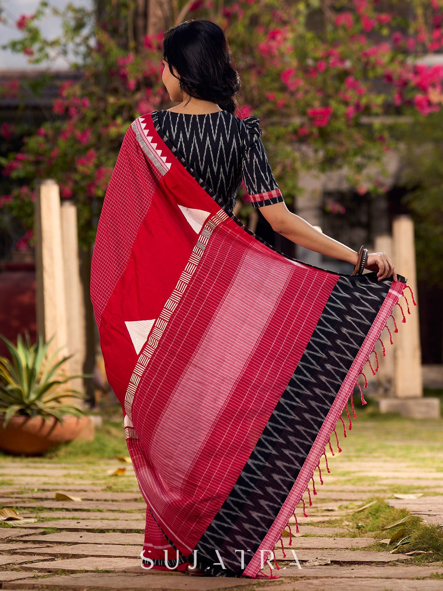 Classic Red Checkered Cotton Saree with Black Ikat Border