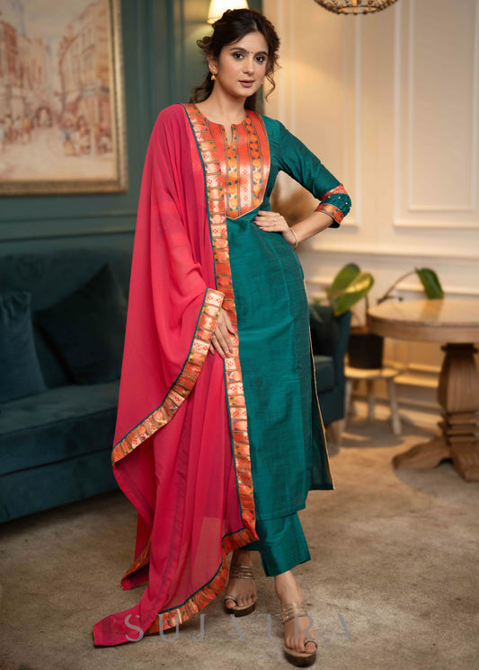 Beautiful Teal Cotton Silk Kurta With Brocade Yoke