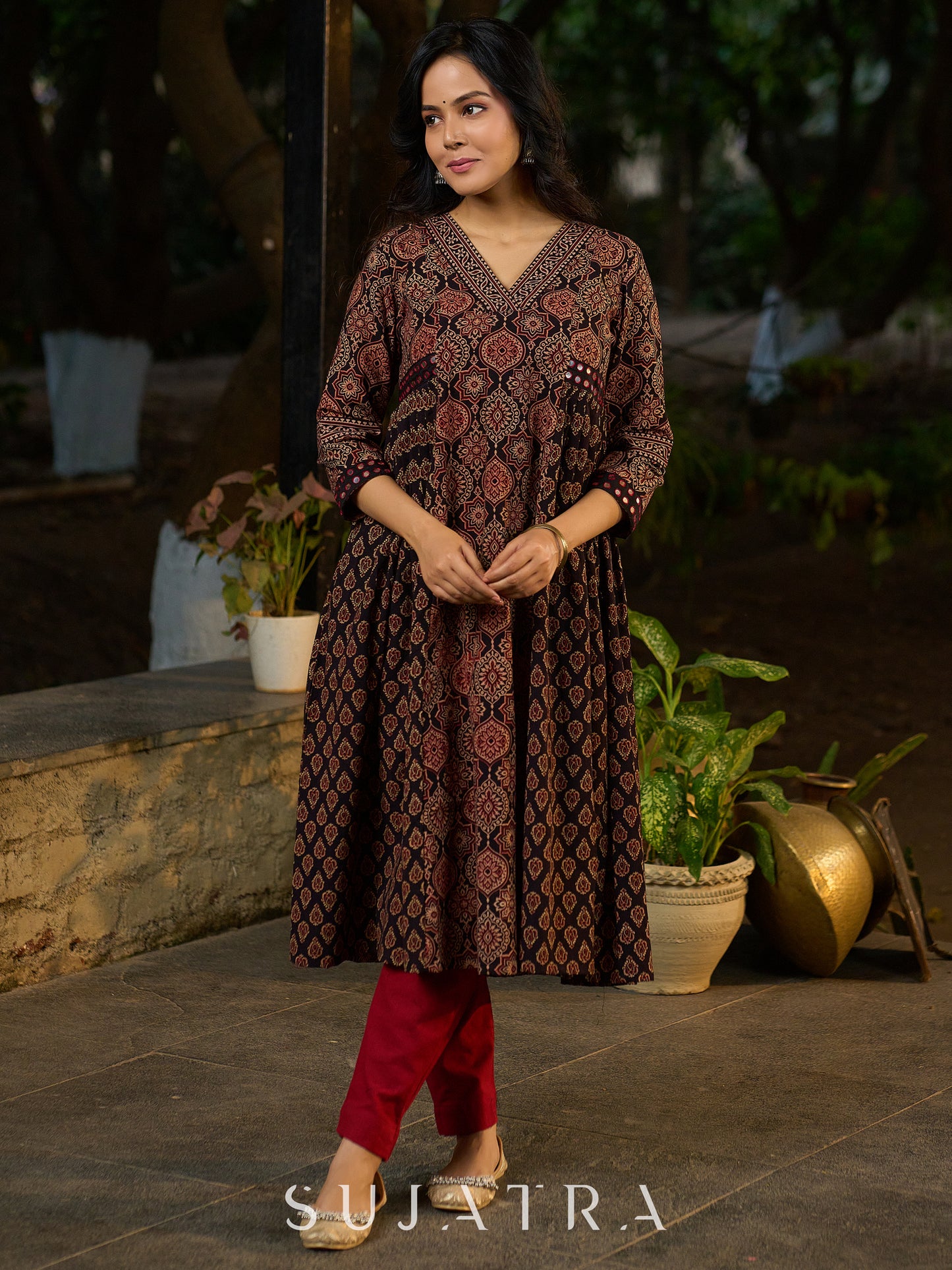 Black Ajrakh Kurta Adorned with Side Gathers and Delicate Mirror Highlights