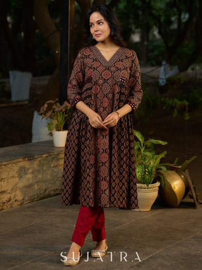 Black Ajrakh Kurta Adorned with Side Gathers and Delicate Mirror Highlights